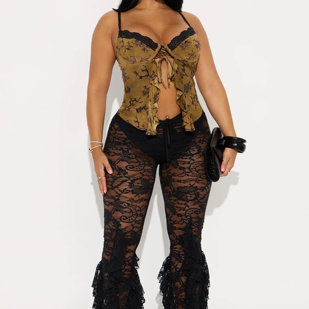Fashion Nova Black Lace Flare Pants includes black panties and shirt